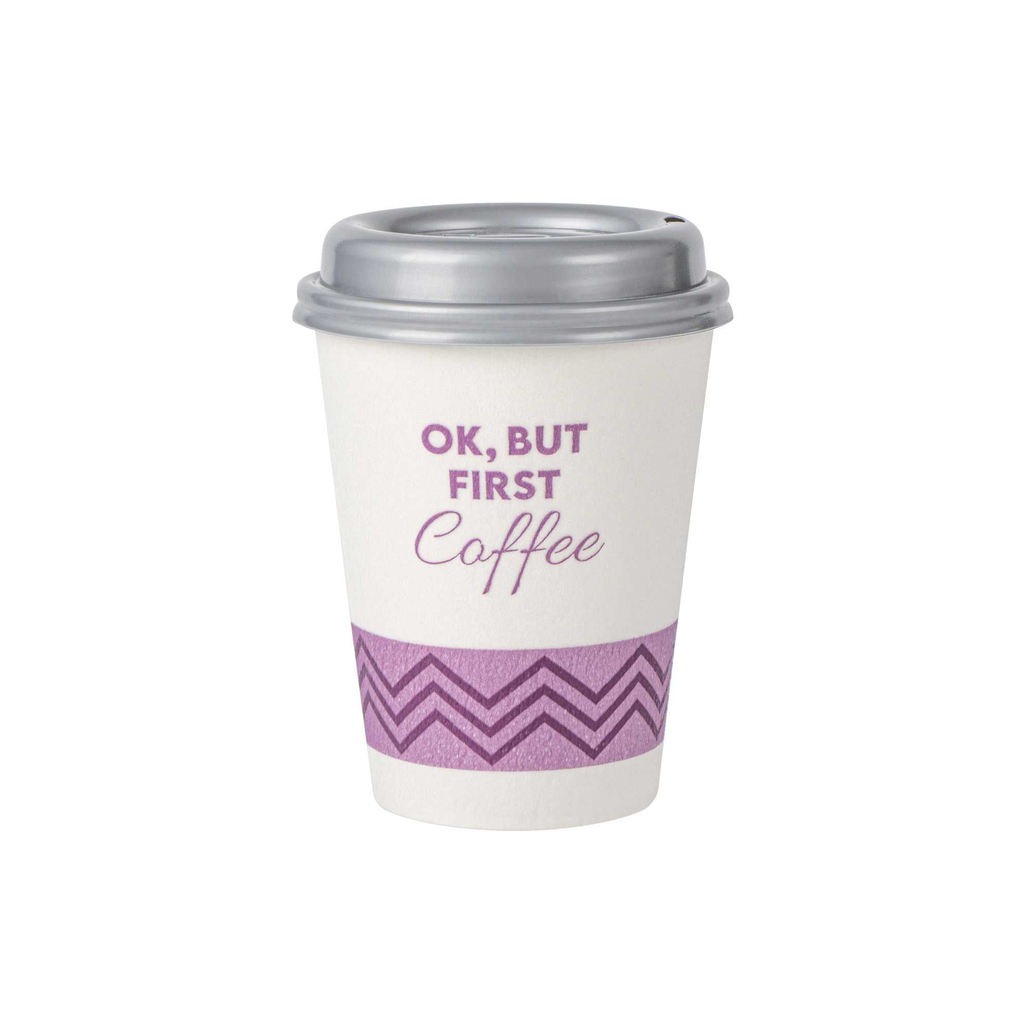 Restpresso 12 oz Pink Paper Insulated Hot Cup - Ok, But First Coffee, with Gray Lid - 400 count box