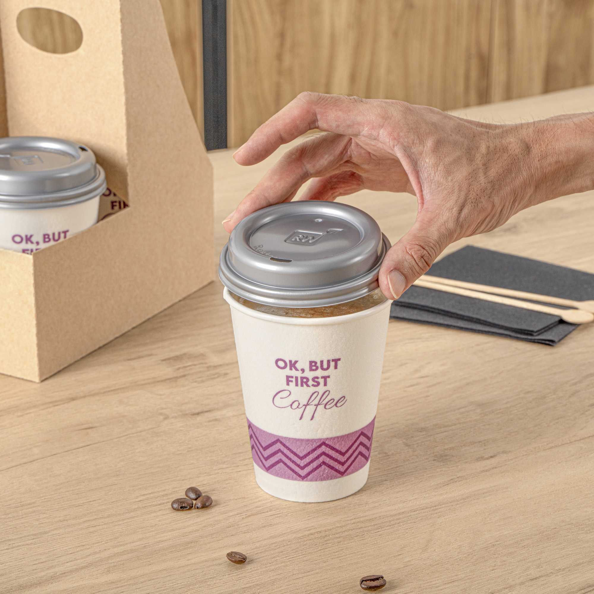 Restpresso 12 oz Pink Paper Insulated Hot Cup - Ok, But First Coffee, with Gray Lid - 400 count box