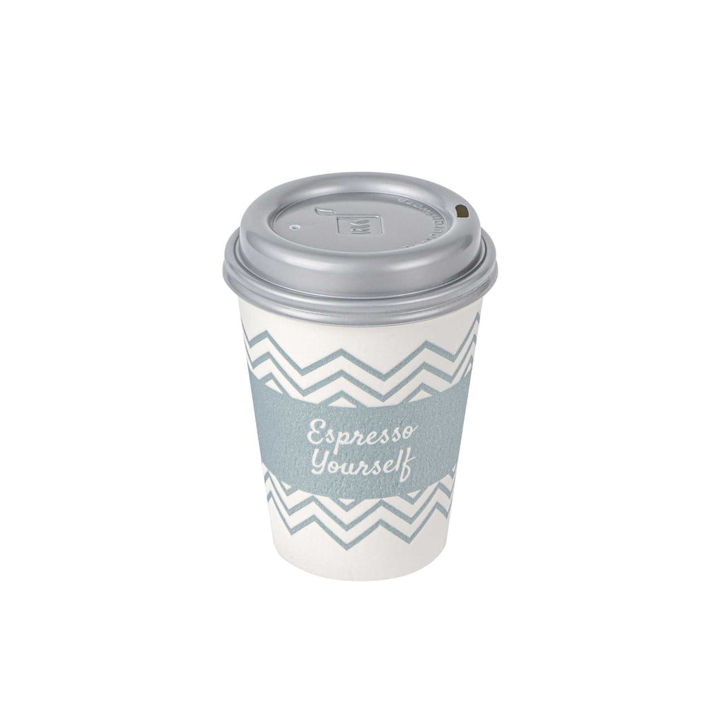 Restpresso 12 oz Blue Paper Insulated Hot Cup - Espresso Yourself, with Gray Lid - 100 count box