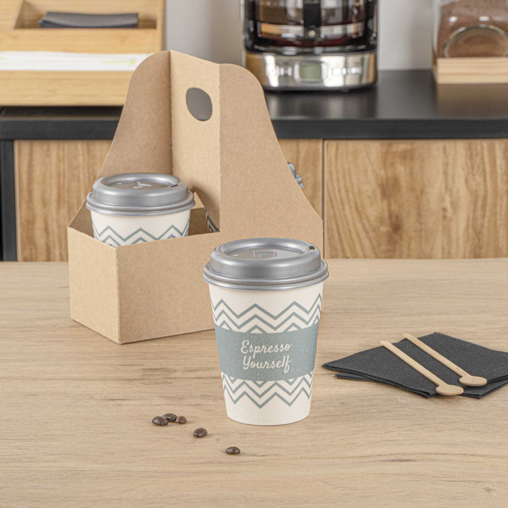 Restpresso 12 oz Blue Paper Insulated Hot Cup - Espresso Yourself, with Gray Lid - 100 count box