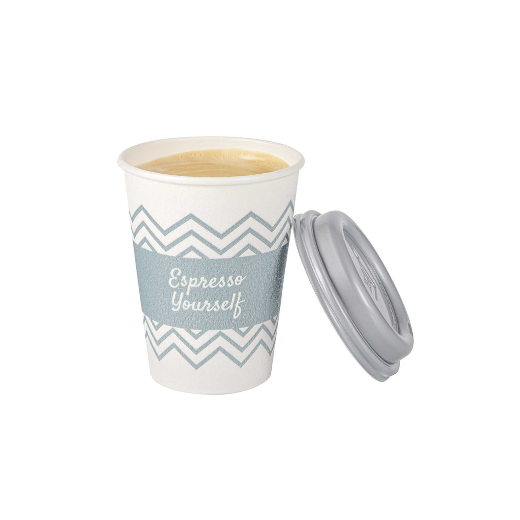 Restpresso 12 oz Blue Paper Insulated Hot Cup - Espresso Yourself, with Gray Lid - 100 count box
