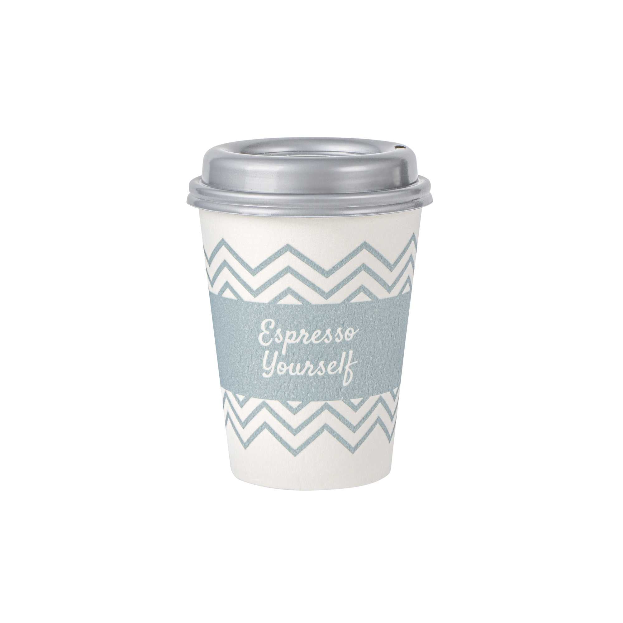 Restpresso 12 oz Blue Paper Insulated Hot Cup - Espresso Yourself, with Gray Lid - 100 count box