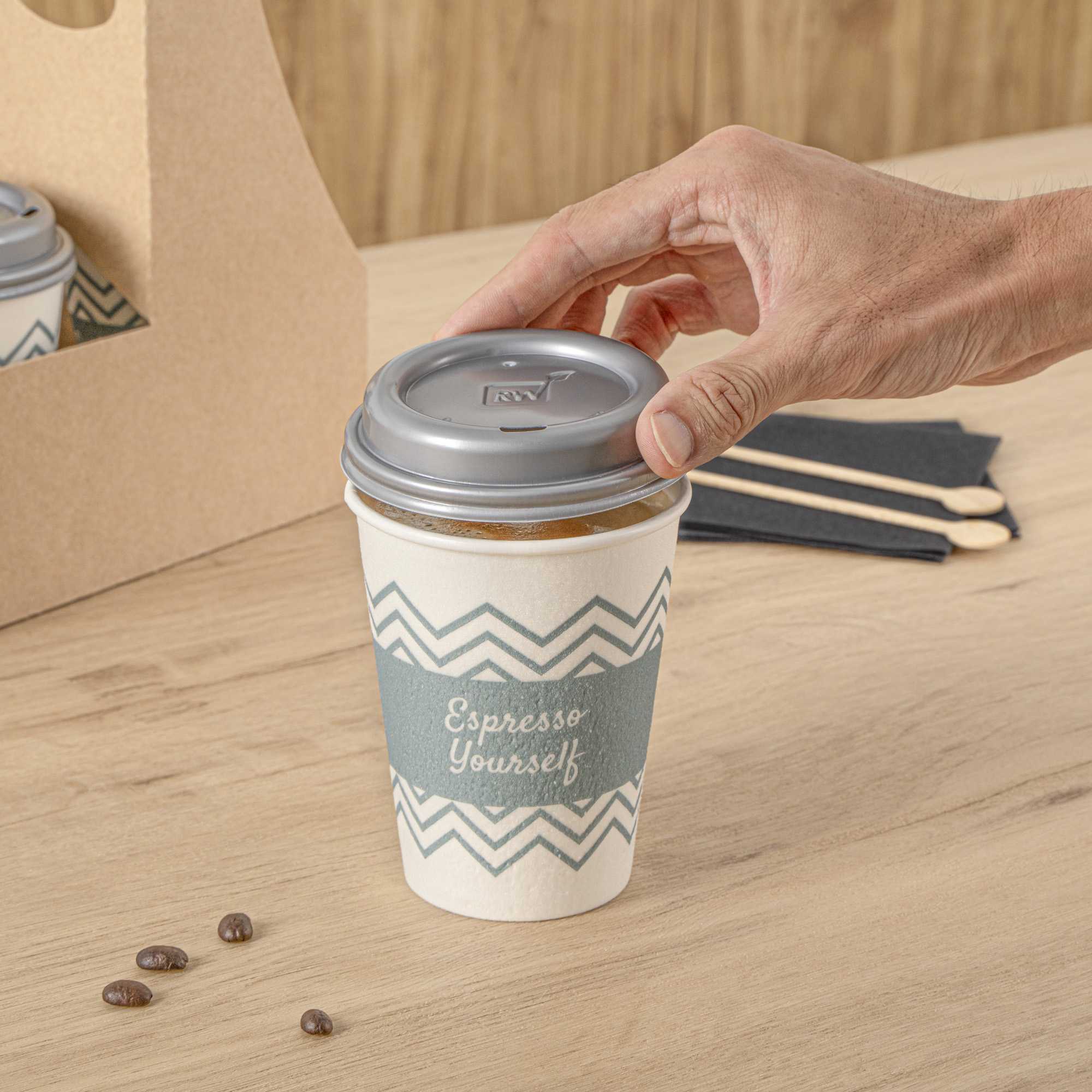 Restpresso 12 oz Blue Paper Insulated Hot Cup - Espresso Yourself, with Gray Lid - 100 count box