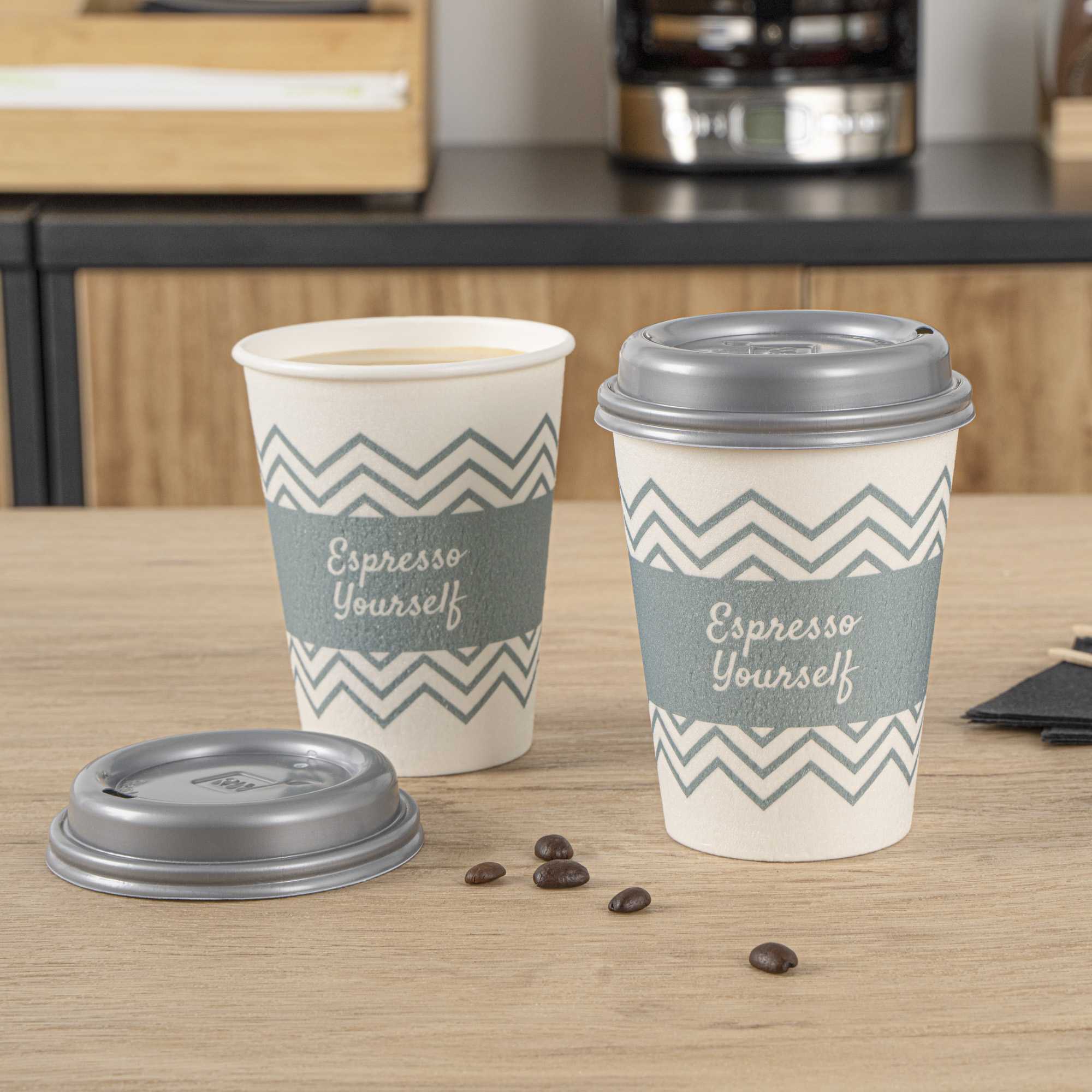 Restpresso 12 oz Blue Paper Insulated Hot Cup - Espresso Yourself, with Gray Lid - 100 count box