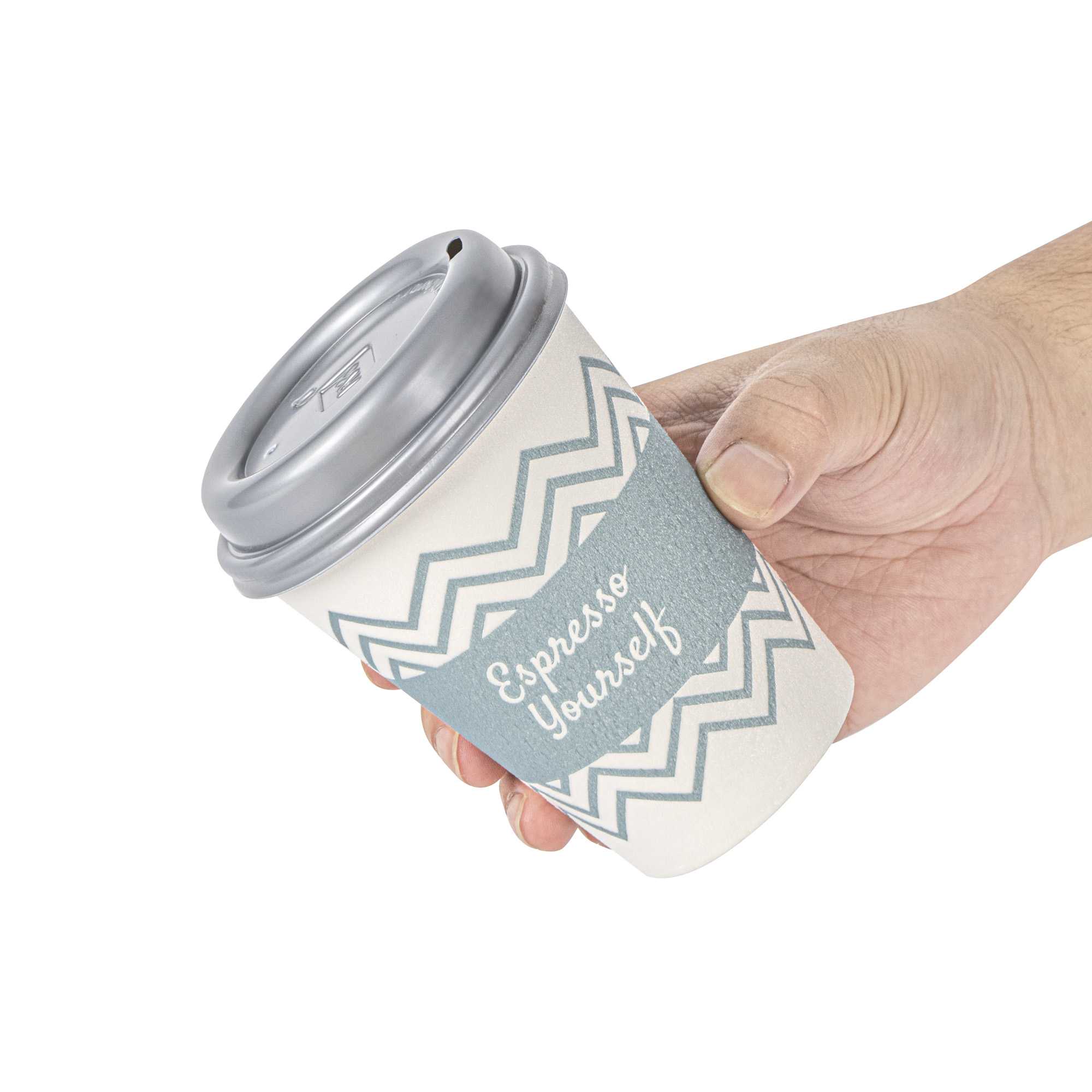 Restpresso 12 oz Blue Paper Insulated Hot Cup - Espresso Yourself, with Gray Lid - 400 count box