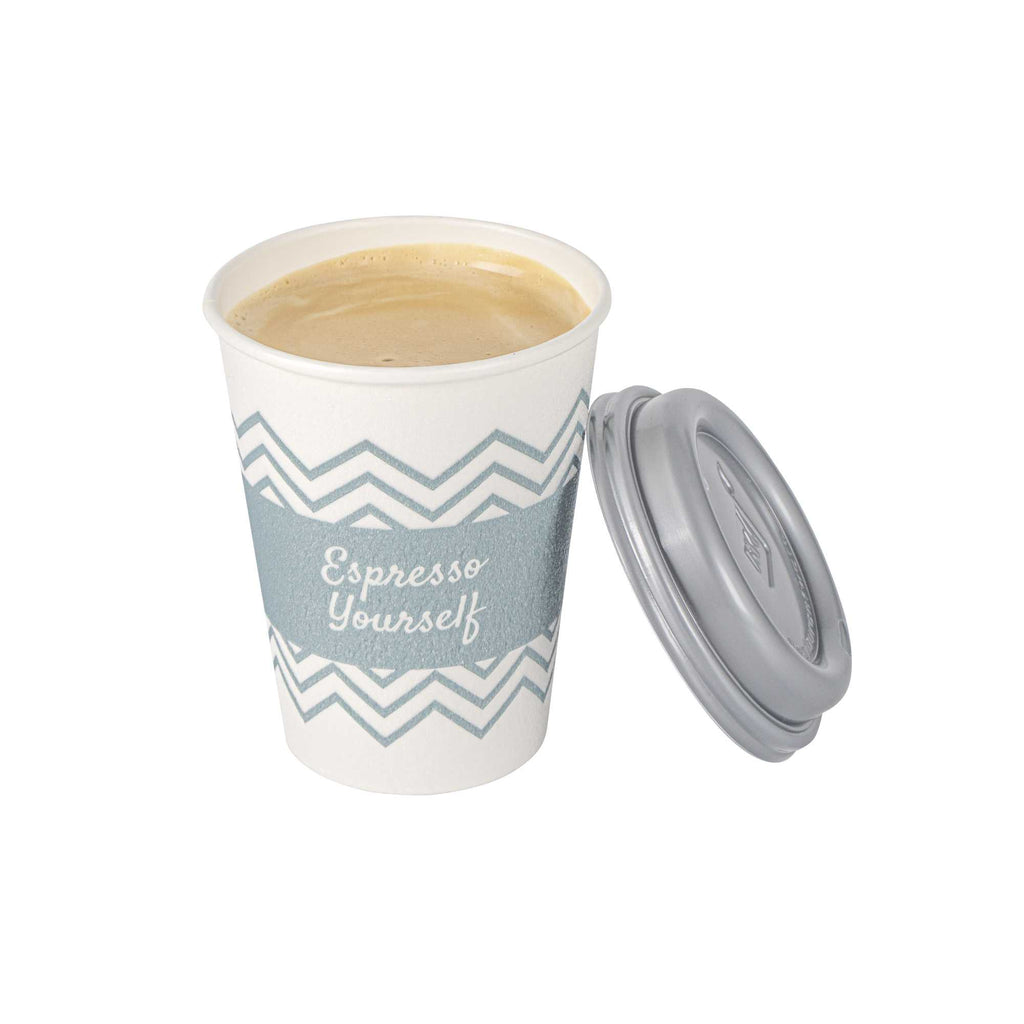 Restpresso 12 oz Blue Paper Insulated Hot Cup - Espresso Yourself, with Gray Lid - 400 count box