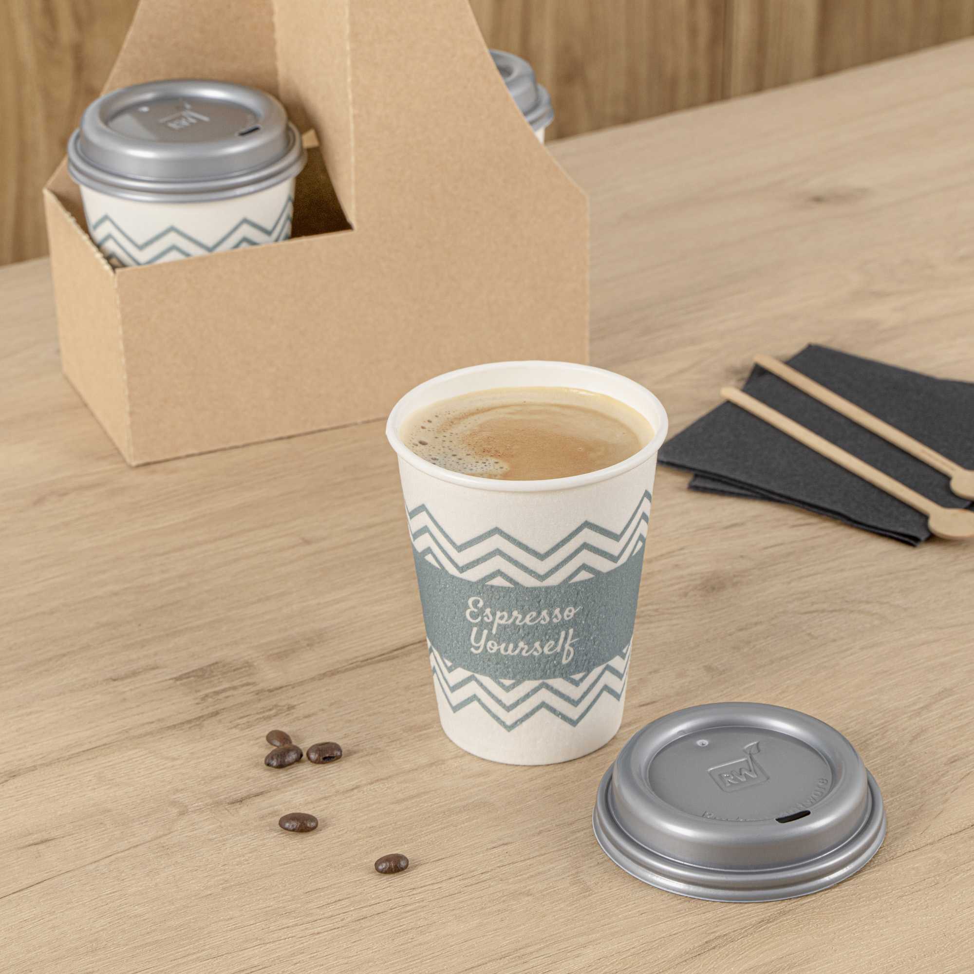 Restpresso 12 oz Blue Paper Insulated Hot Cup - Espresso Yourself, with Gray Lid - 400 count box