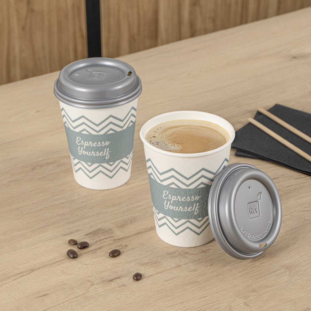Restpresso 12 oz Blue Paper Insulated Hot Cup - Espresso Yourself, with Gray Lid - 400 count box