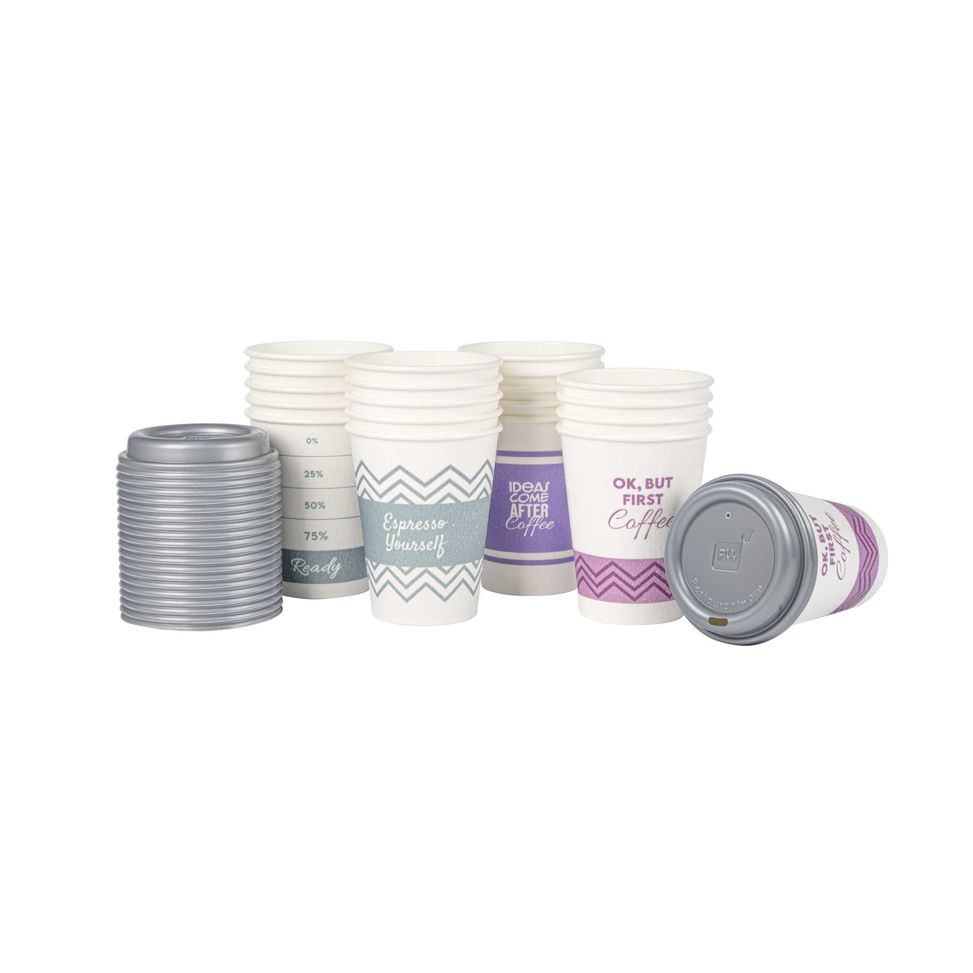Restpresso 12 oz Assorted Paper Insulated Hot Cup Set - Coffee Quotes, with Gray Lid - 400 count box
