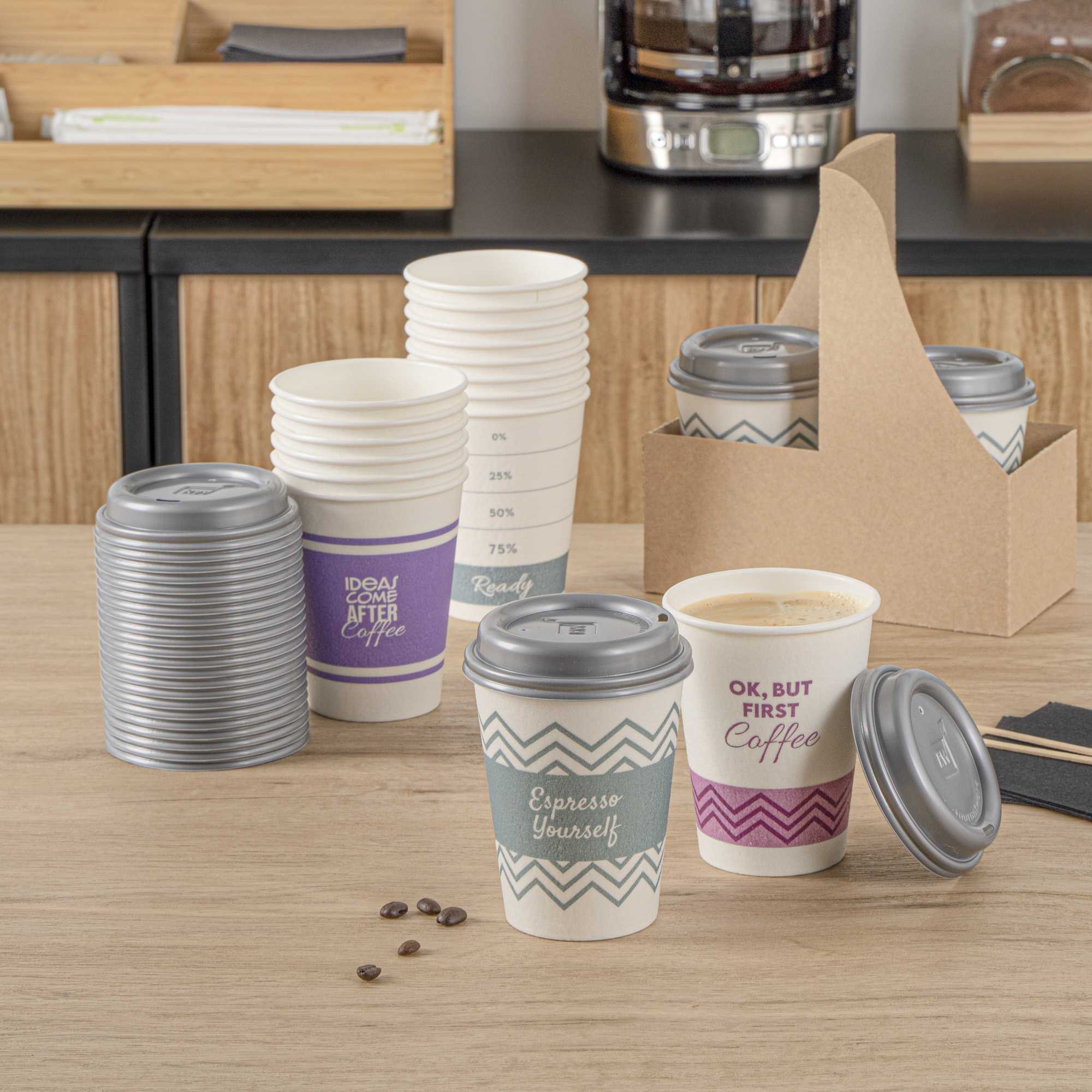 Restpresso 12 oz Assorted Paper Insulated Hot Cup Set - Coffee Quotes, with Gray Lid - 100 count box