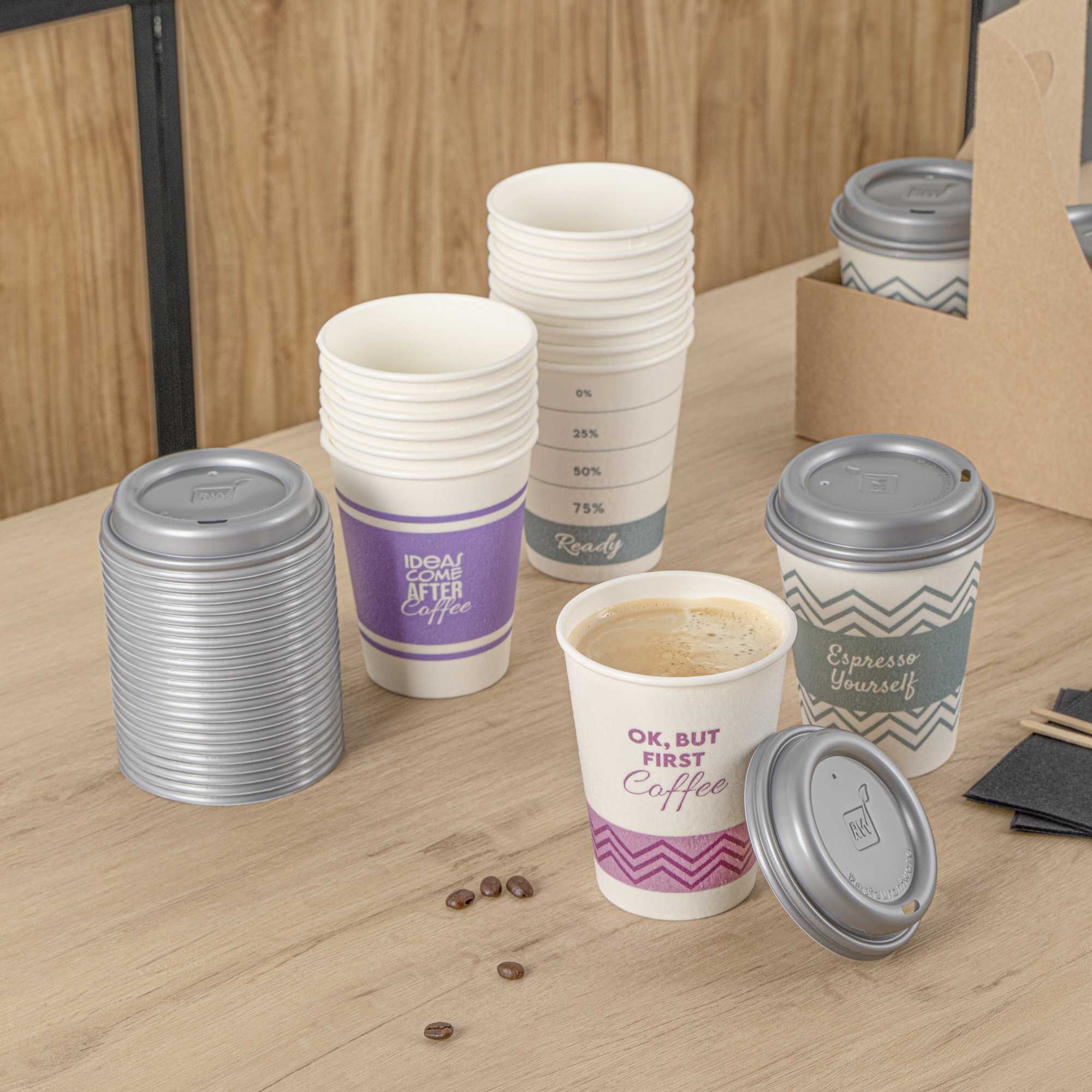 Restpresso 12 oz Assorted Paper Insulated Hot Cup Set - Coffee Quotes, with Gray Lid - 100 count box