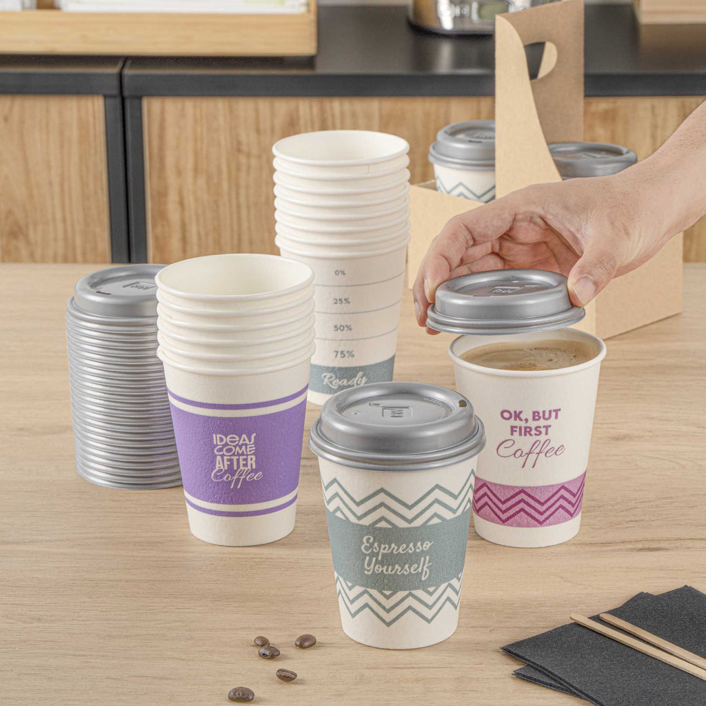 Restpresso 12 oz Assorted Paper Insulated Hot Cup Set - Coffee Quotes, with Gray Lid - 100 count box