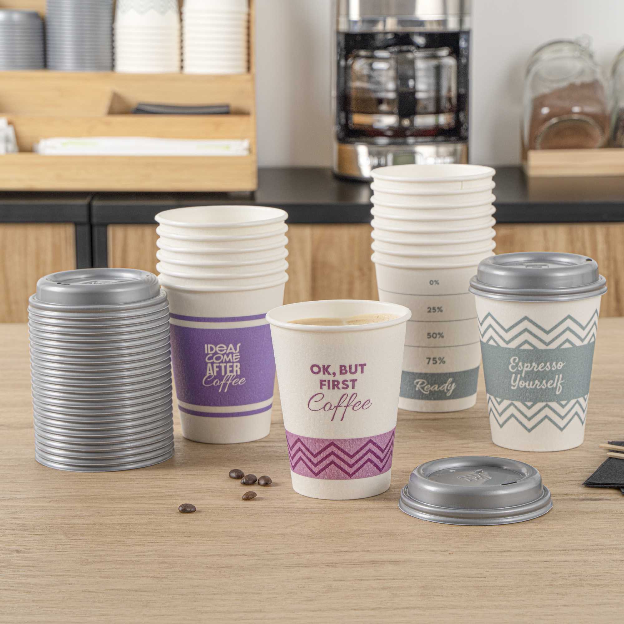 Restpresso 12 oz Assorted Paper Insulated Hot Cup Set - Coffee Quotes, with Gray Lid - 100 count box