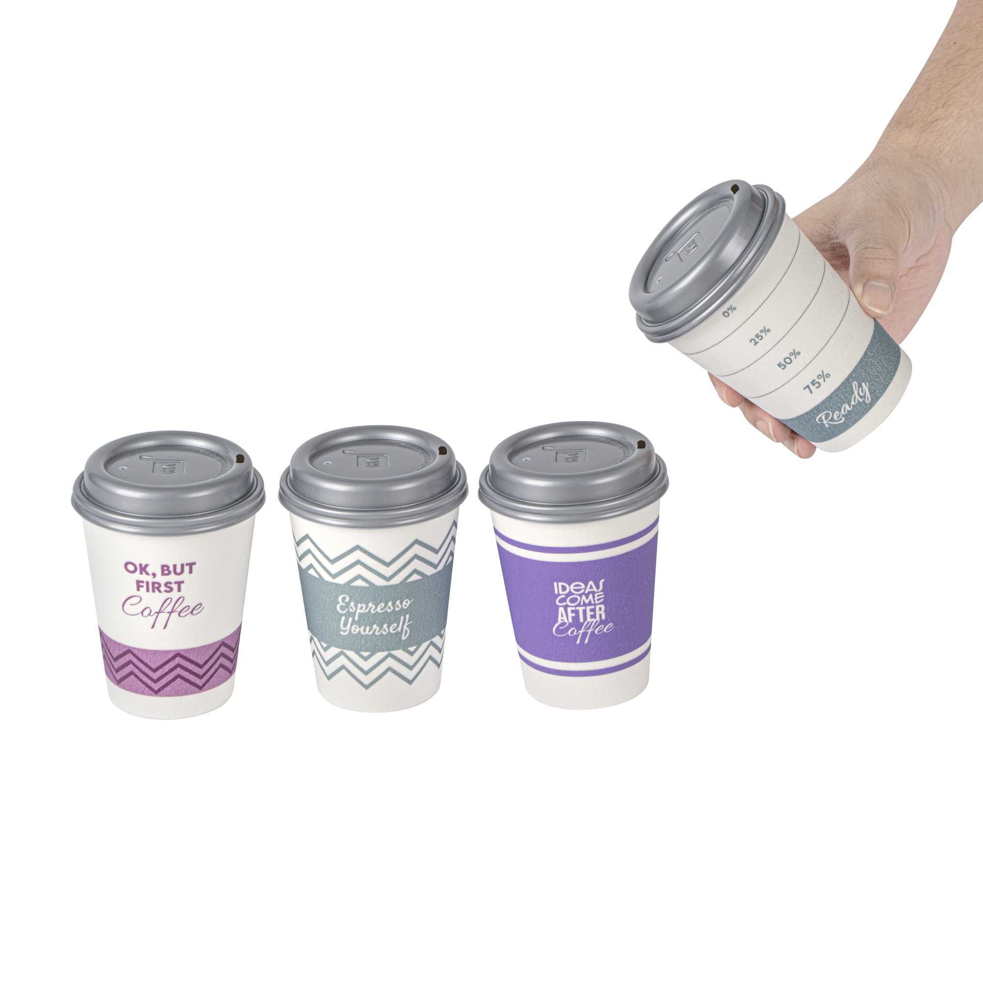 Restpresso 12 oz Assorted Paper Insulated Hot Cup Set - Coffee Quotes, with Gray Lid - 400 count box