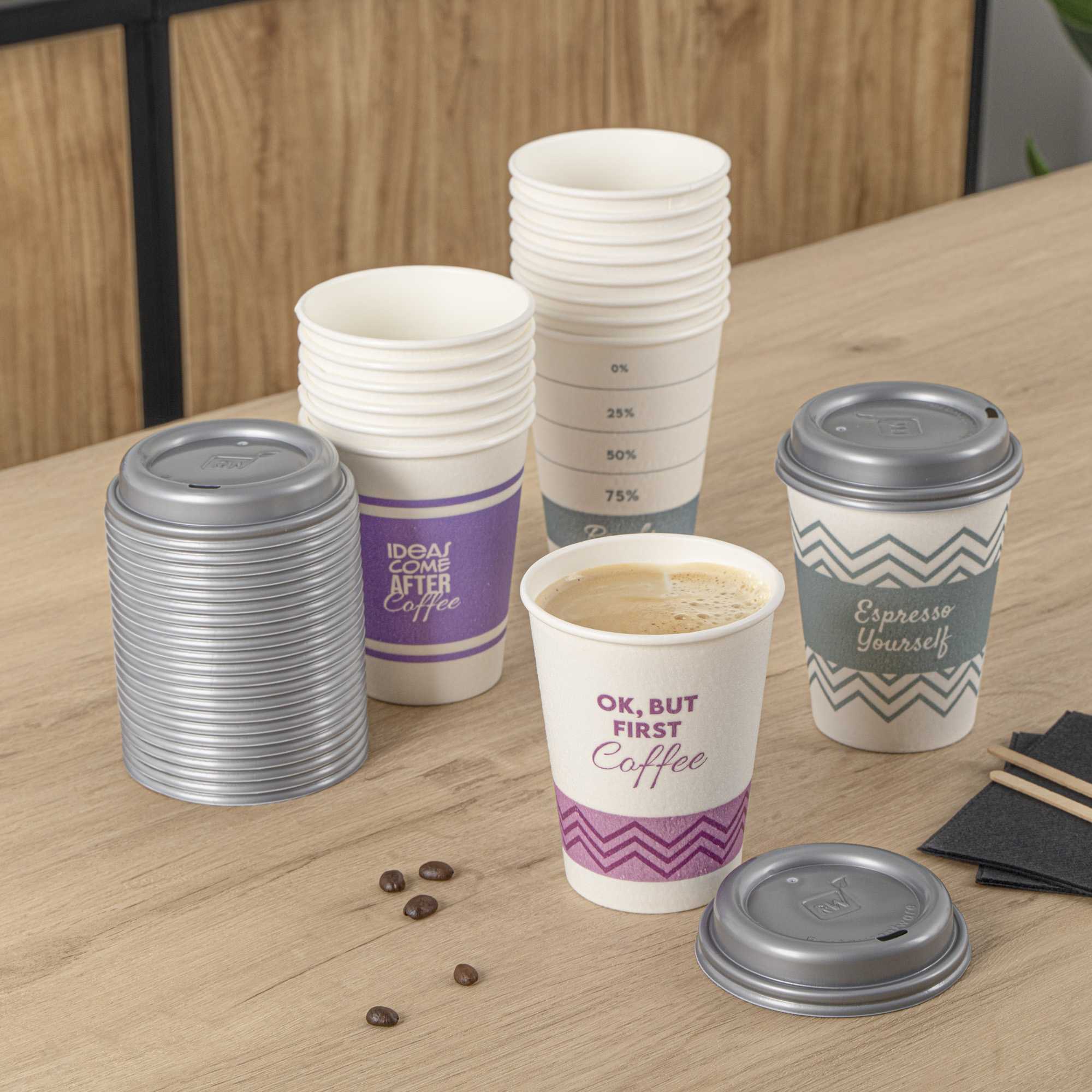 Restpresso 12 oz Assorted Paper Insulated Hot Cup Set - Coffee Quotes, with Gray Lid - 400 count box