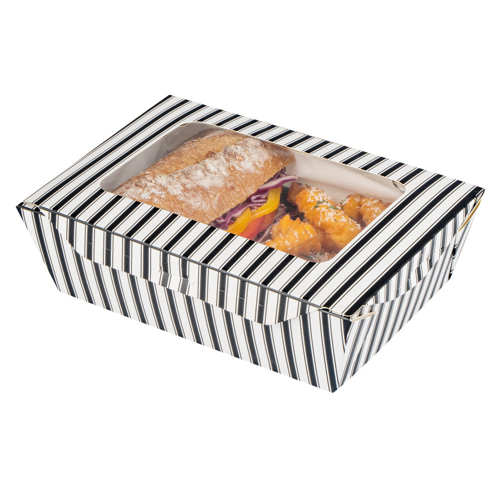 Chef 101 57 oz Rectangle Black and White Paper Extra Large Bio Take Out Container- Windows,PLA Lining - 8" x 5 1/2" x 2 1/2" - 200 count box