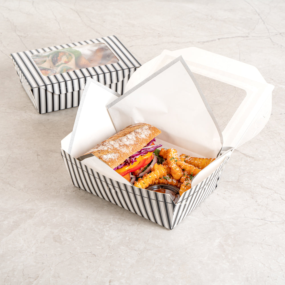 Chef 101 57 oz Rectangle Black and White Paper Extra Large Bio Take Out Container- Windows,PLA Lining - 8" x 5 1/2" x 2 1/2" - 200 count box