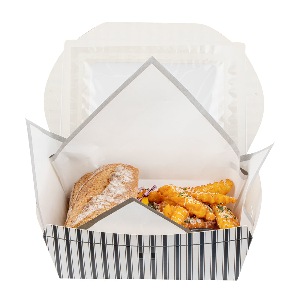 Chef 101 57 oz Rectangle Black and White Paper Extra Large Bio Take Out Container- Windows,PLA Lining - 8" x 5 1/2" x 2 1/2" - 200 count box
