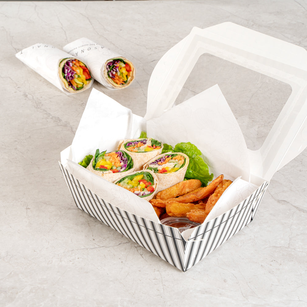 Chef 101 57 oz Rectangle Black and White Paper Extra Large Bio Take Out Container- Windows,PLA Lining - 8" x 5 1/2" x 2 1/2" - 200 count box