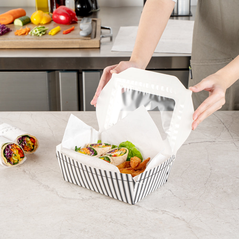 Chef 101 57 oz Rectangle Black and White Paper Extra Large Bio Take Out Container- Windows,PLA Lining - 8" x 5 1/2" x 2 1/2" - 200 count box