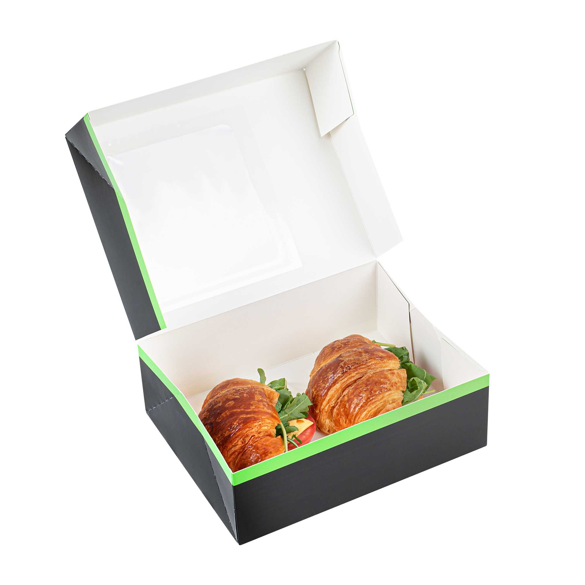 Sustain Rectangle Black Paper Auto-Popup Bakery Box - with PLA Lining and Window - 9" x 7" x 3" - 25 count box