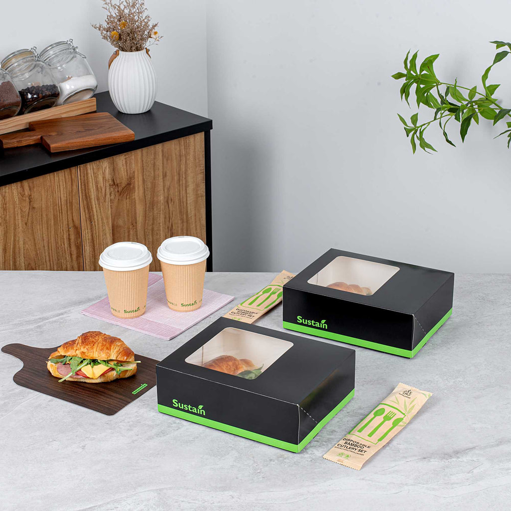 Sustain Rectangle Black Paper Auto-Popup Bakery Box - with PLA Lining and Window - 9" x 7" x 3" - 25 count box