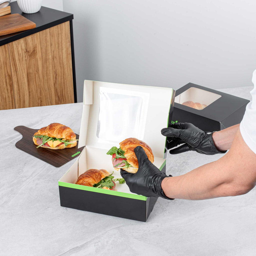 Sustain Rectangle Black Paper Auto-Popup Bakery Box - with PLA Lining and Window - 9" x 7" x 3" - 25 count box
