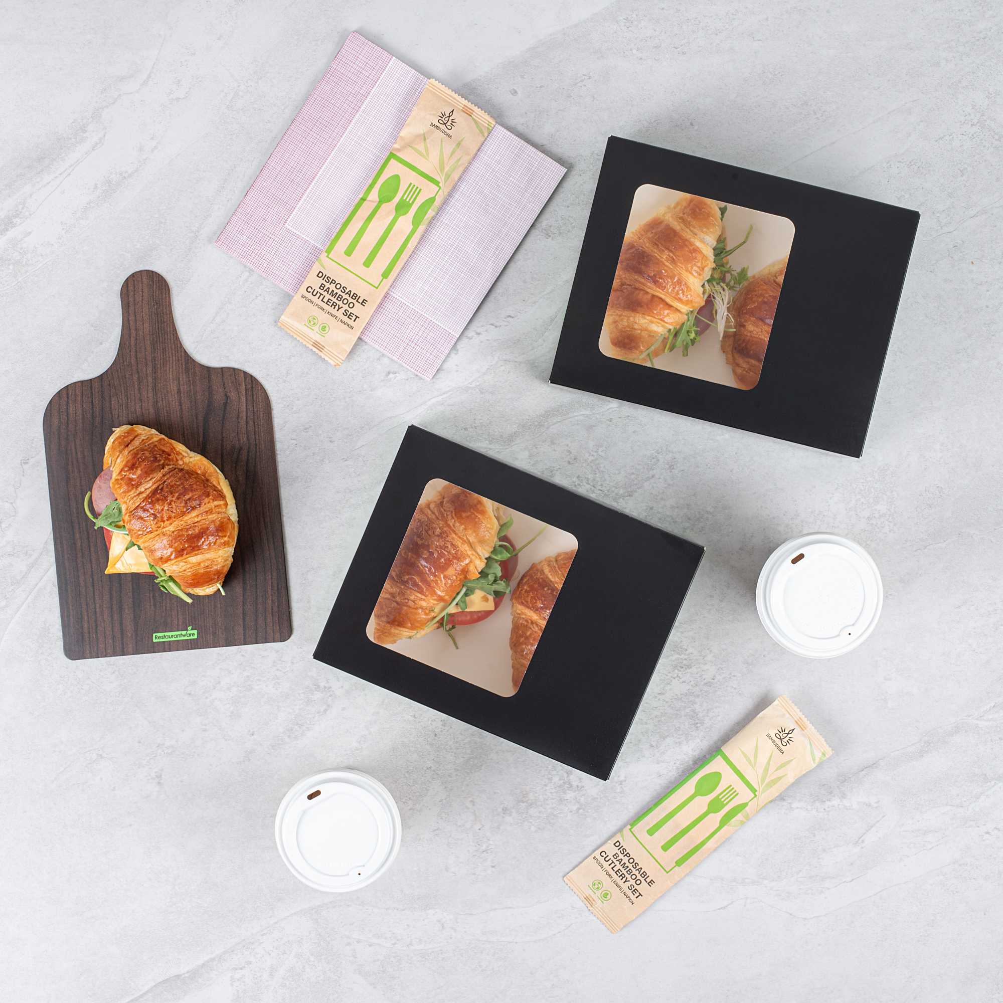 Sustain Rectangle Black Paper Auto-Popup Bakery Box - with PLA Lining and Window - 9" x 7" x 3" - 25 count box