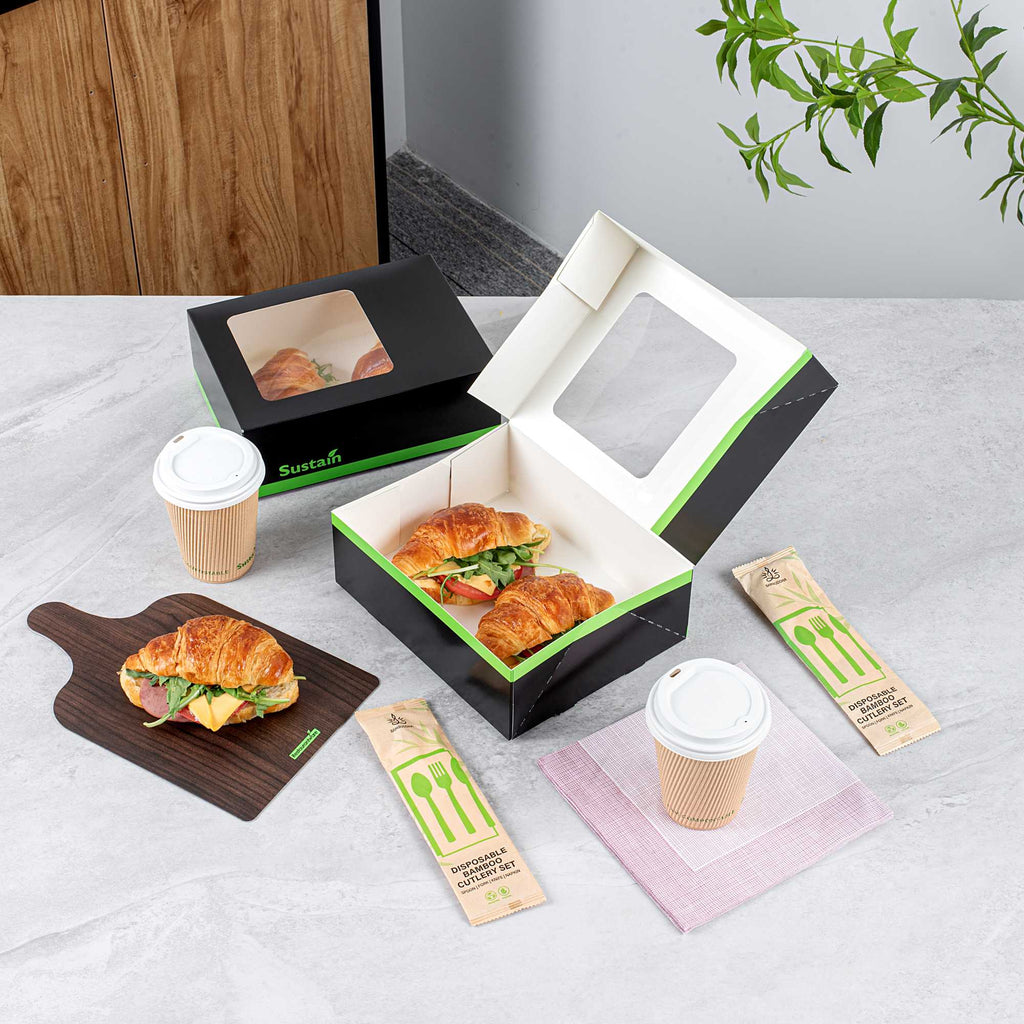 Sustain Rectangle Black Paper Auto-Popup Bakery Box - with PLA Lining and Window - 9" x 7" x 3" - 25 count box