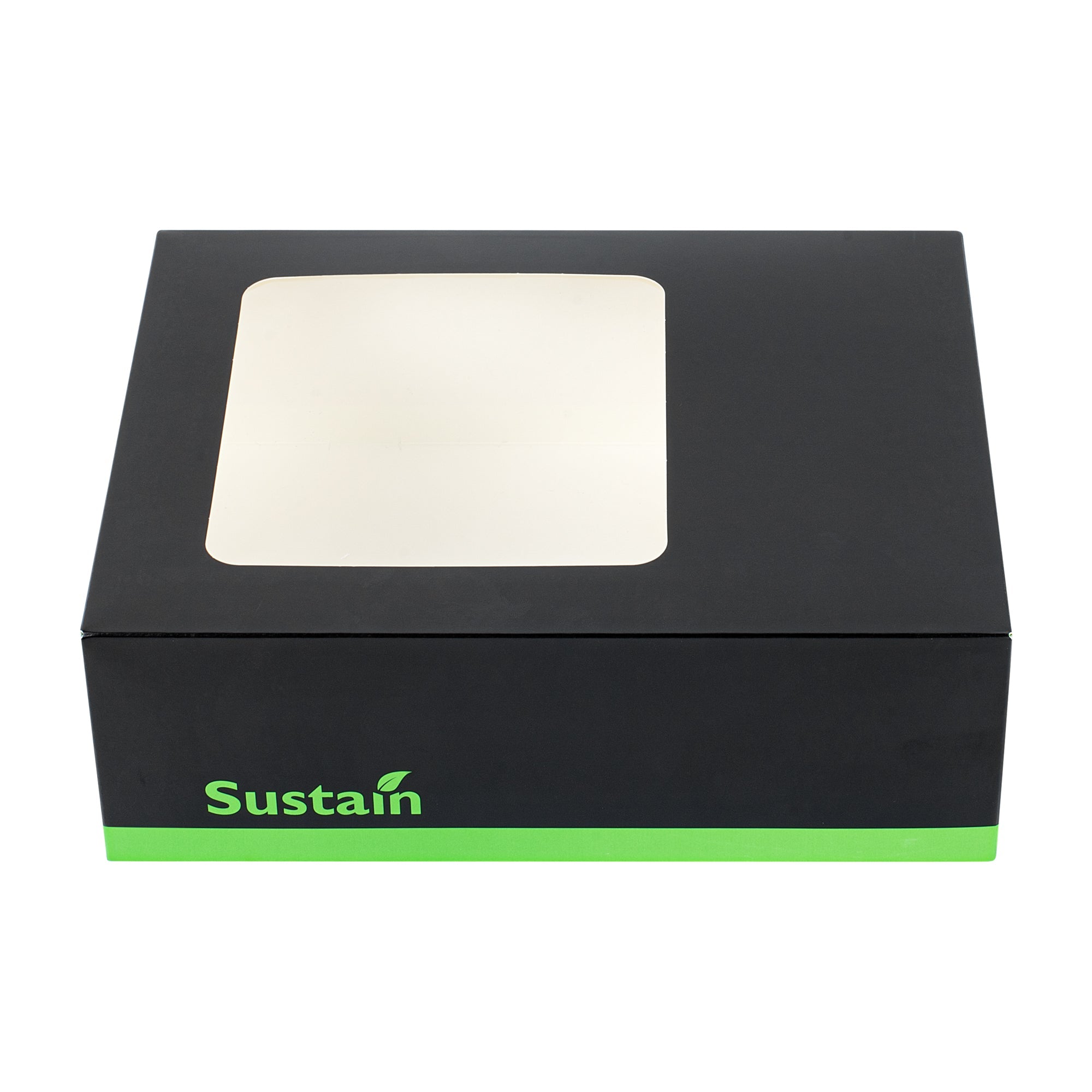 Sustain Rectangle Black Paper Auto-Popup Bakery Box - with PLA Lining and Window - 9" x 7" x 3" - 200 count box