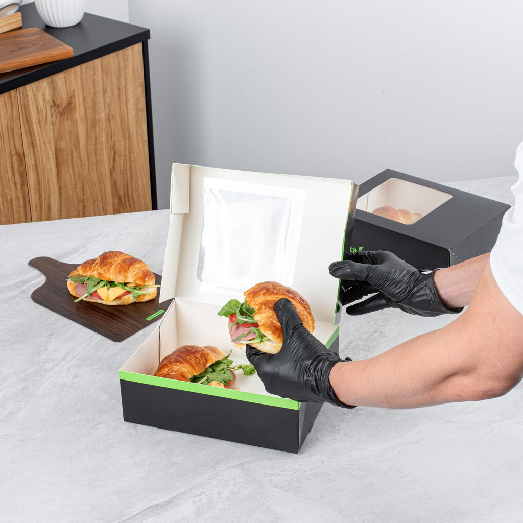 Sustain Rectangle Black Paper Auto-Popup Bakery Box - with PLA Lining and Window - 9" x 7" x 3" - 200 count box