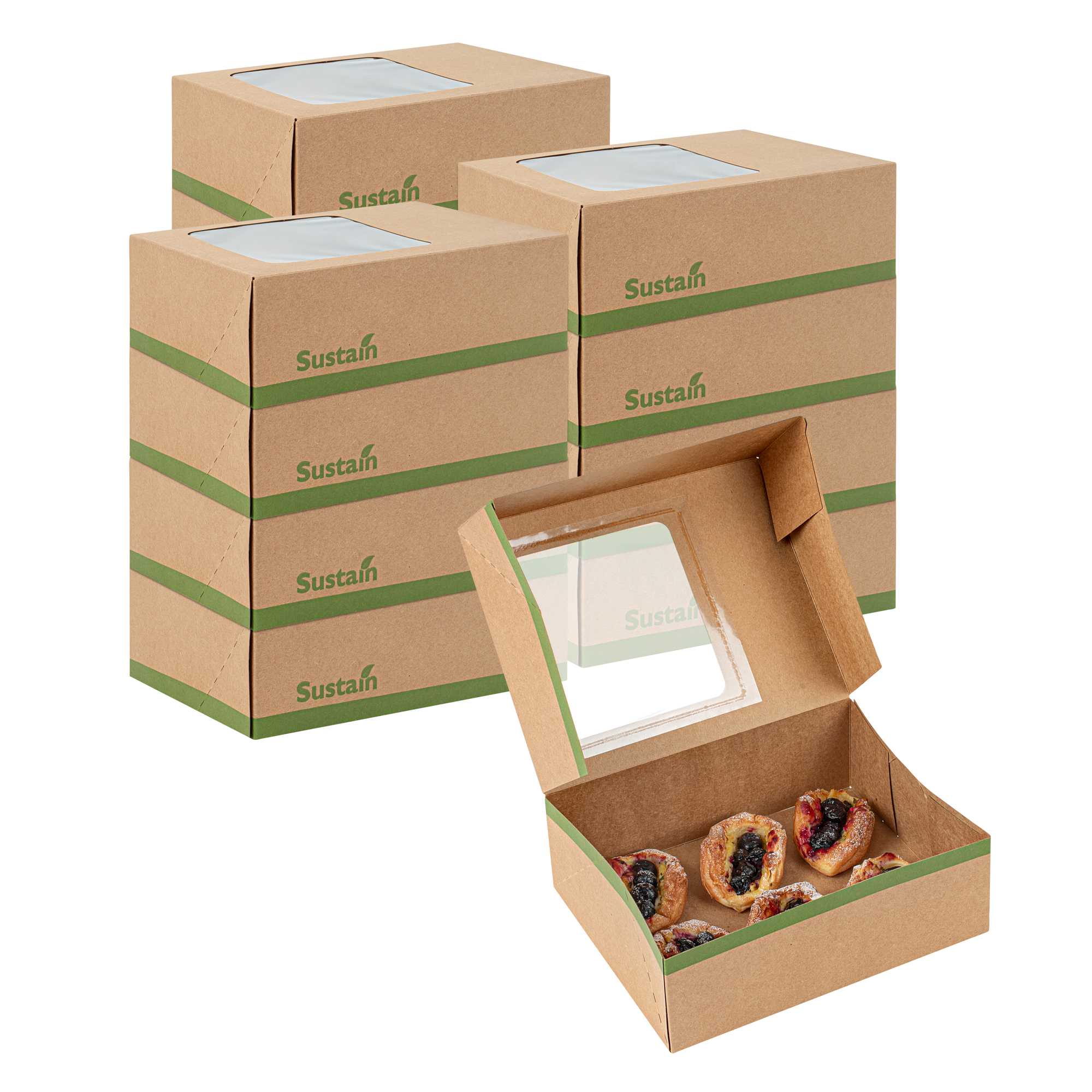 Sustain Rectangle Kraft Paper Auto-Popup Bakery Box - with PLA Lining and Window - 9" x 7" x 3" - 25 count box