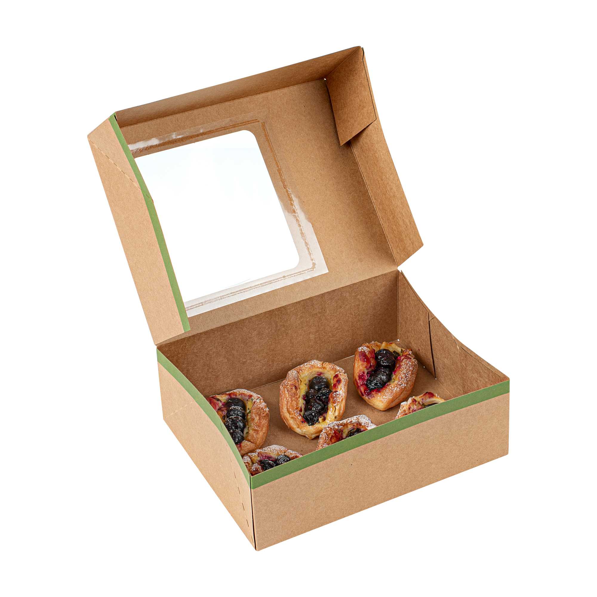 Sustain Rectangle Kraft Paper Auto-Popup Bakery Box - with PLA Lining and Window - 9" x 7" x 3" - 25 count box