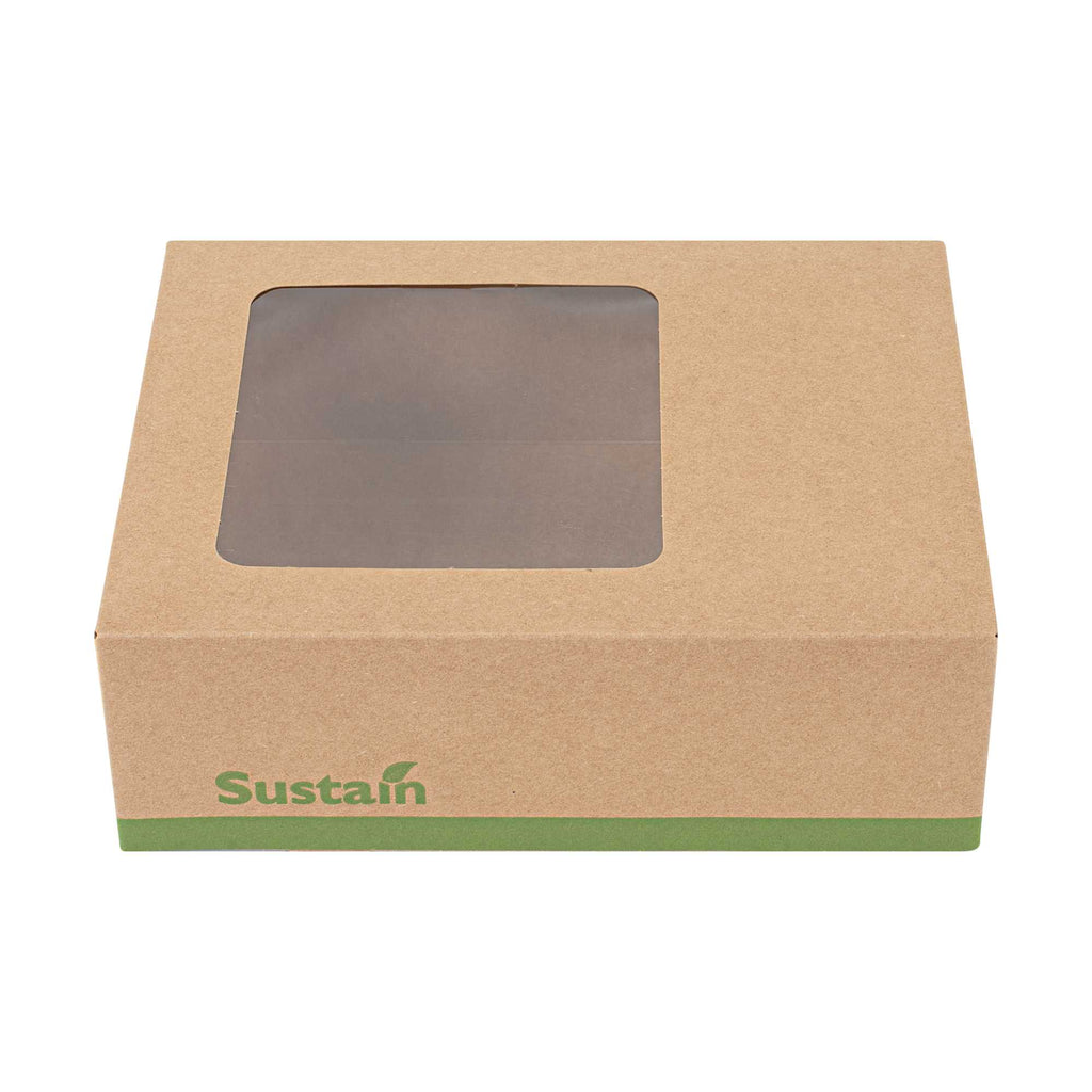Sustain Rectangle Kraft Paper Auto-Popup Bakery Box - with PLA Lining and Window - 9" x 7" x 3" - 25 count box