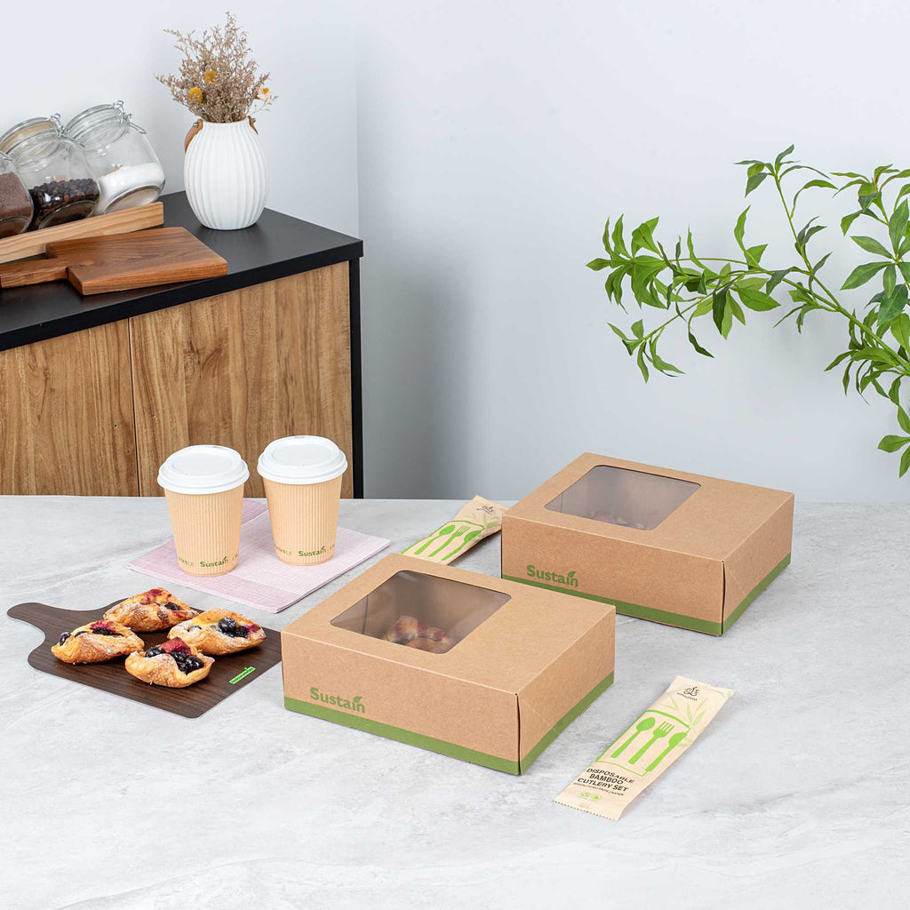Sustain Rectangle Kraft Paper Auto-Popup Bakery Box - with PLA Lining and Window - 9" x 7" x 3" - 25 count box