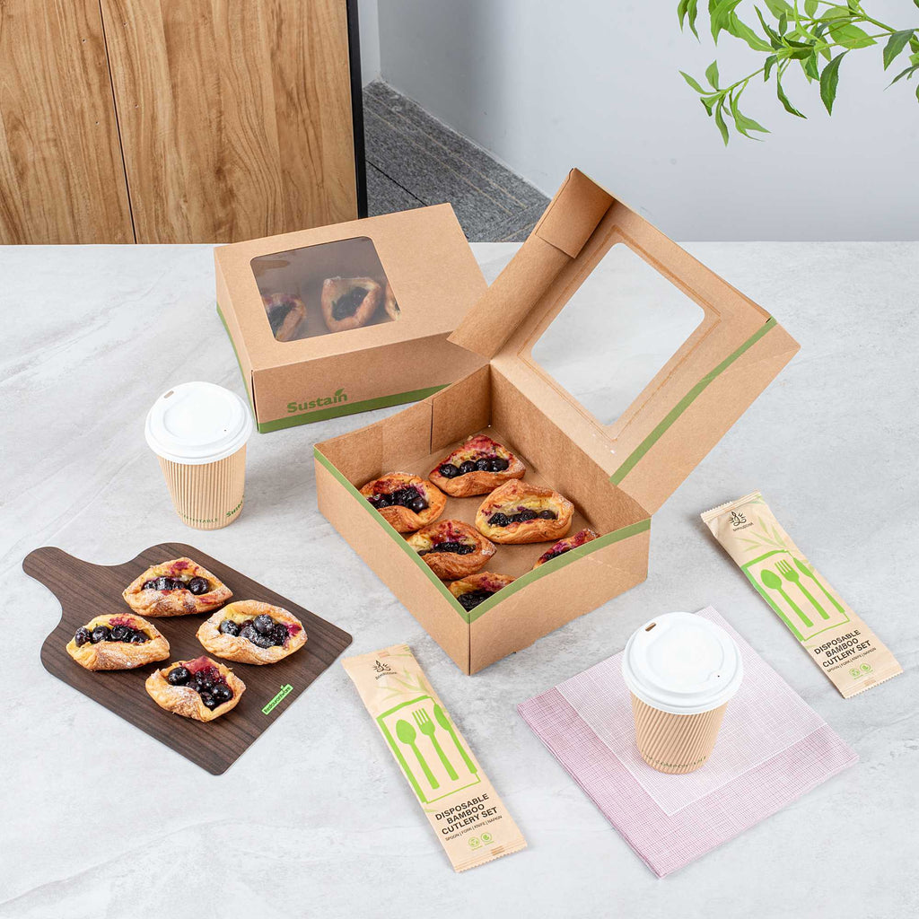 Sustain Rectangle Kraft Paper Auto-Popup Bakery Box - with PLA Lining and Window - 9" x 7" x 3" - 25 count box
