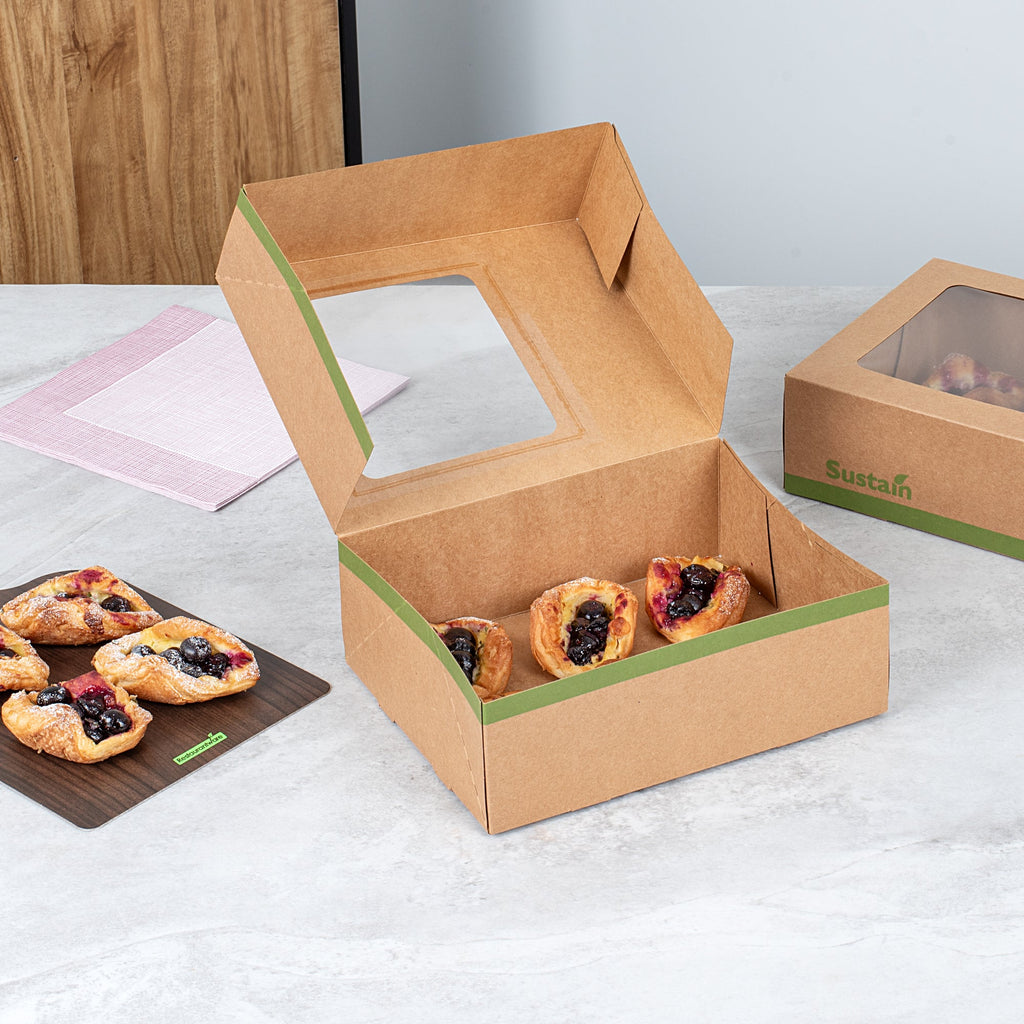 Sustain Rectangle Kraft Paper Auto-Popup Bakery Box - with PLA Lining and Window - 9" x 7" x 3" - 200 count box