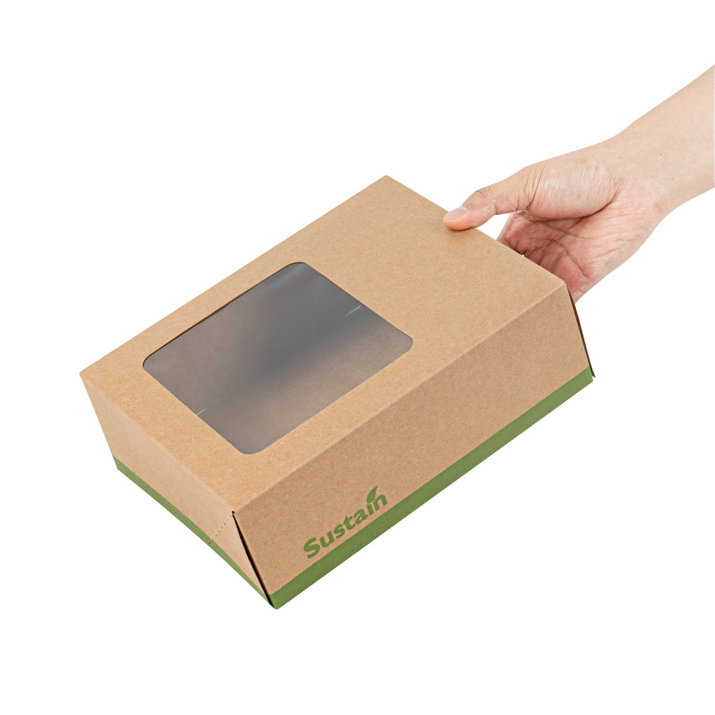 Sustain Rectangle Kraft Paper Auto-Popup Bakery Box - with PLA Lining and Window - 9" x 7" x 3" - 200 count box