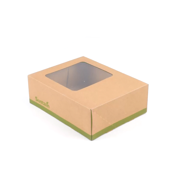 Sustain Rectangle Kraft Paper Auto-Popup Bakery Box - with PLA Lining and Window - 9" x 7" x 3" - 200 count box