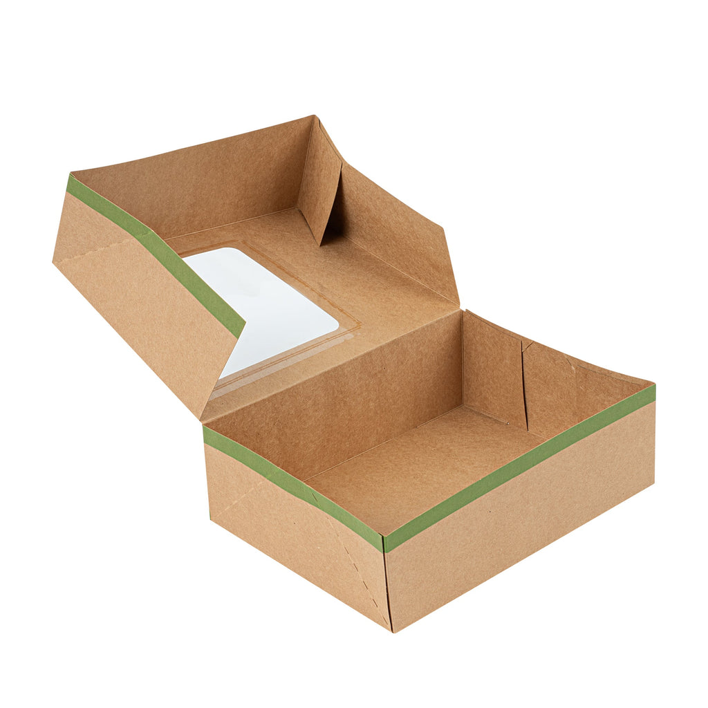 Sustain Rectangle Kraft Paper Auto-Popup Bakery Box - with PLA Lining and Window - 9" x 7" x 3" - 200 count box