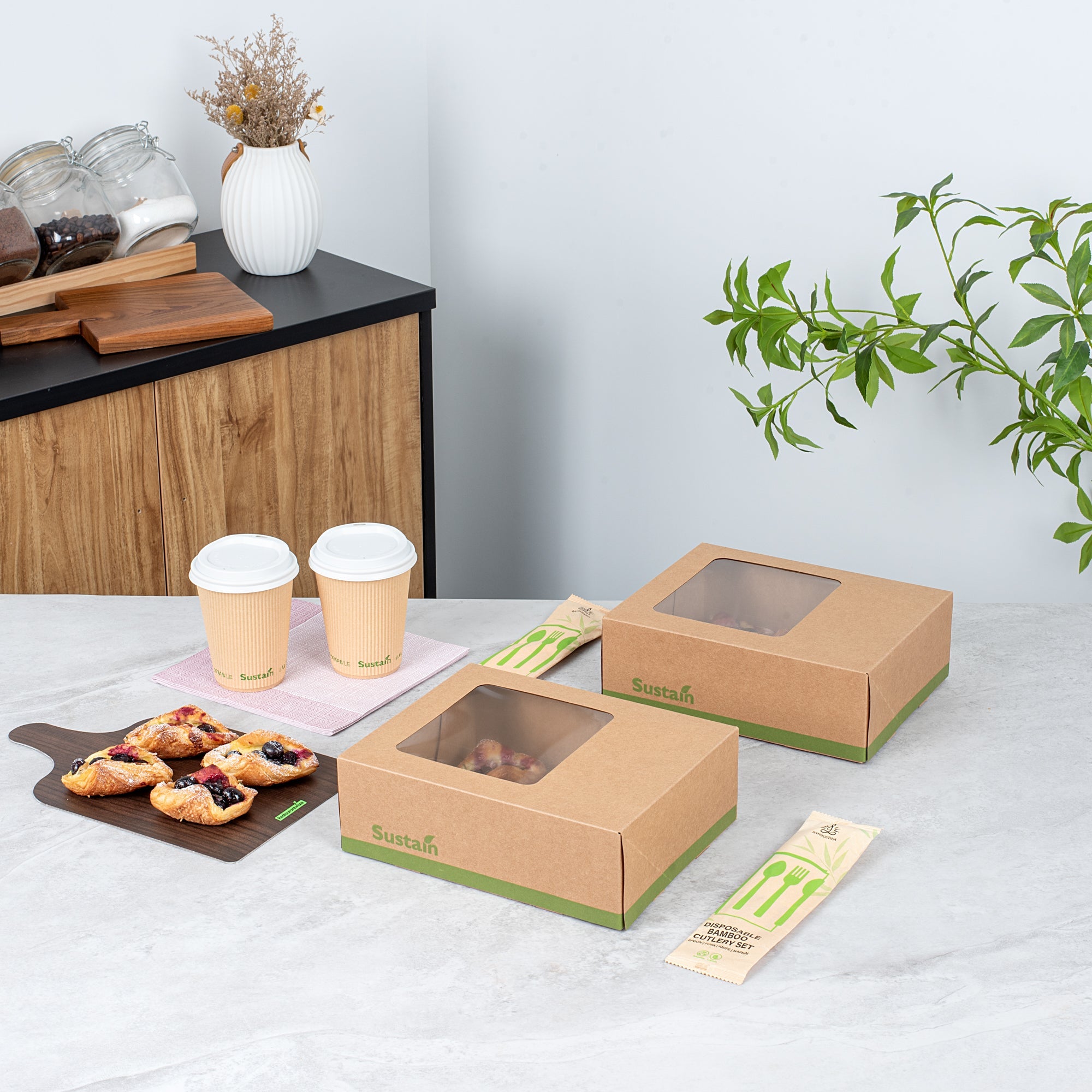 Sustain Rectangle Kraft Paper Auto-Popup Bakery Box - with PLA Lining and Window - 9" x 7" x 3" - 200 count box