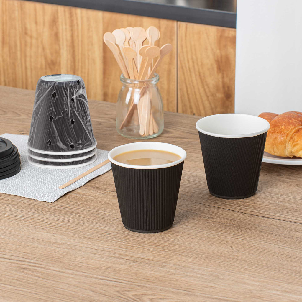 Restpresso 8 oz Black Paper Hot Cup - Individually Wrapped, Ripple Wall - 25 count box