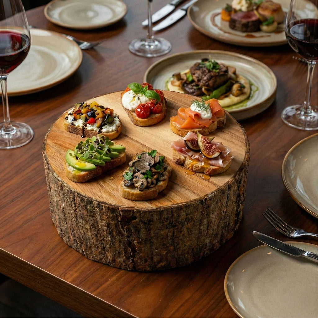 Eco Display Round Natural Acacia Large Riser - Varnished, Bark Edges - 10" x 10" x 5" - 1 count box