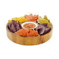 Eco Display Aperitivo Round Natural Acacia Chip and Dip Plate - 6 Compartments, Porcelain Bowl - 12" x 12" x 1 1/2" - 1 count box