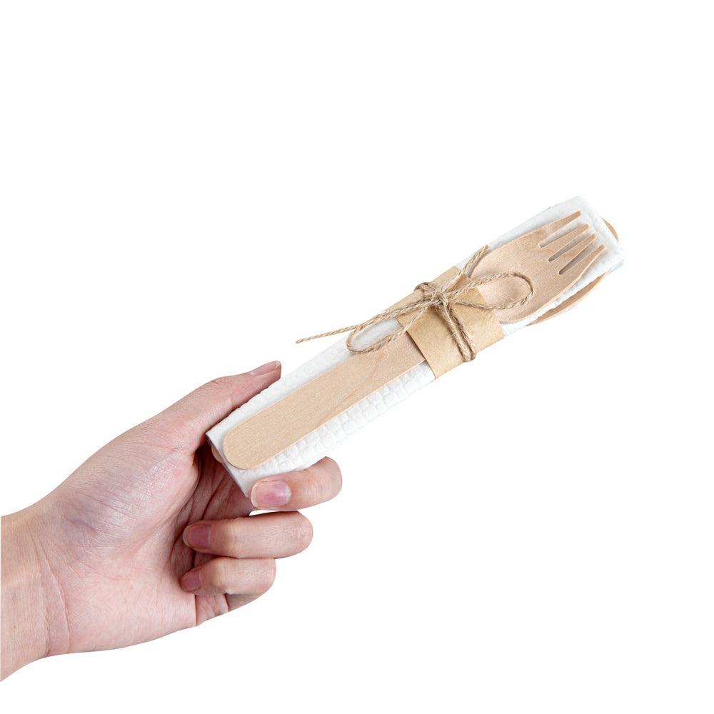 Eco Luxe Natural Wood Flatware Kit - Tied with Twine, with White Napkin - 6 1/2" x 1 1/2" x 1/2" - 100 count box
