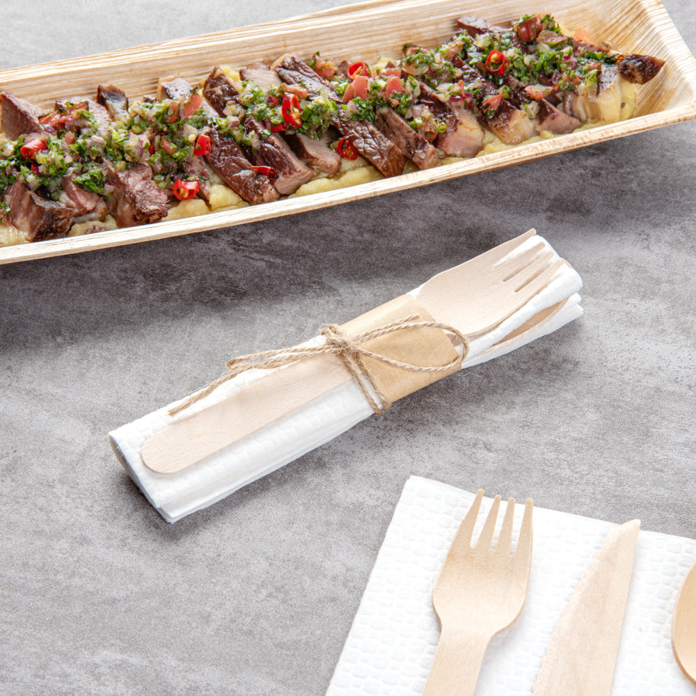 Eco Luxe Natural Wood Flatware Kit - Tied with Twine, with White Napkin - 6 1/2" x 1 1/2" x 1/2" - 100 count box