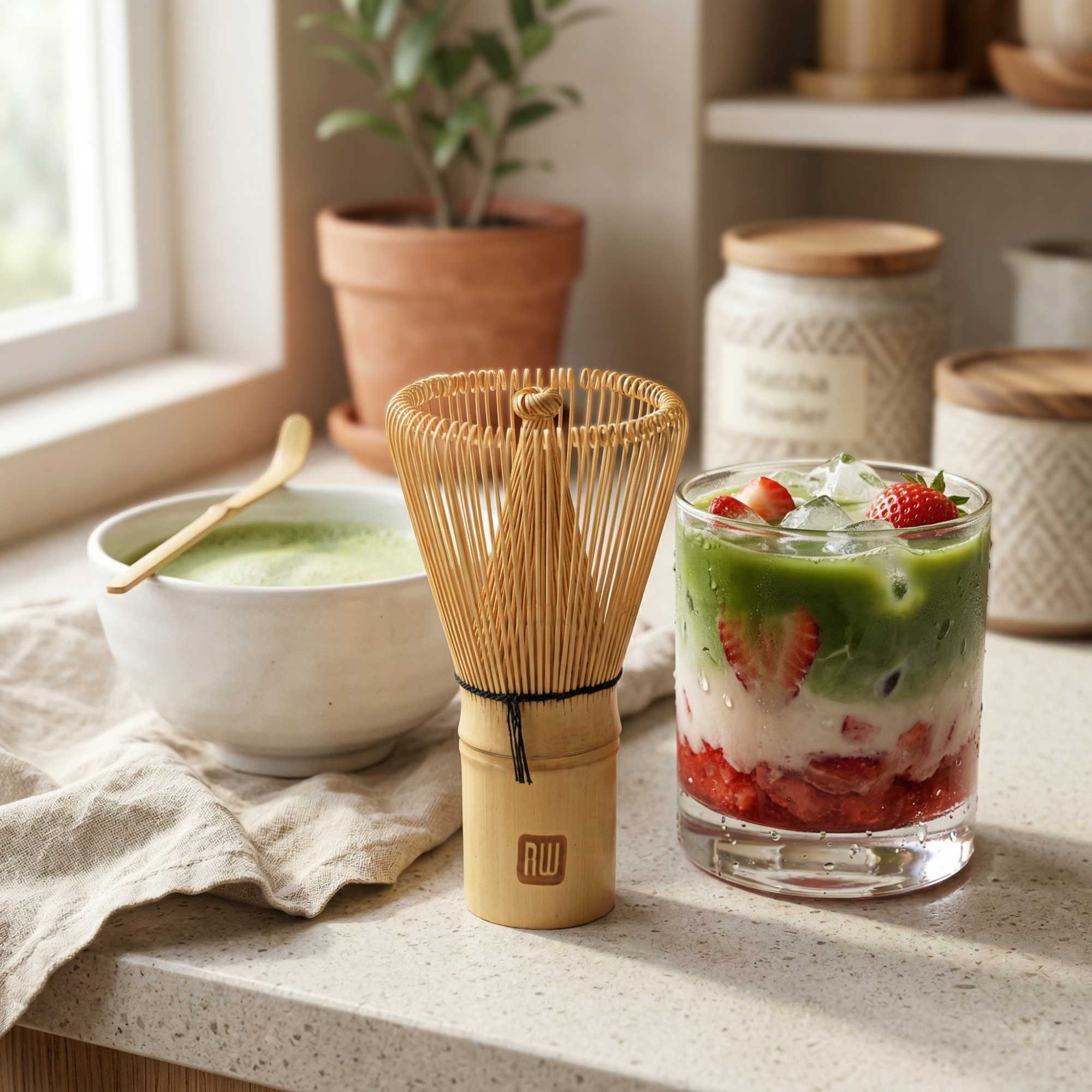 Dojo Natural Bamboo Matcha Whisk Chasen - Clear Plastic Case - 2 1/4" x 2 1/4" x 4" - 1 count box