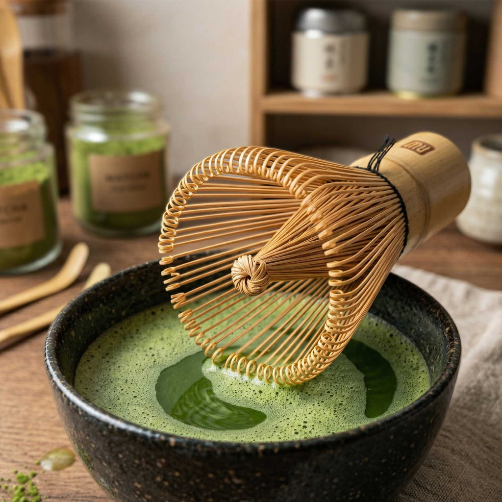Dojo Natural Bamboo Matcha Whisk Chasen - Clear Plastic Case - 2 1/4" x 2 1/4" x 4" - 1 count box