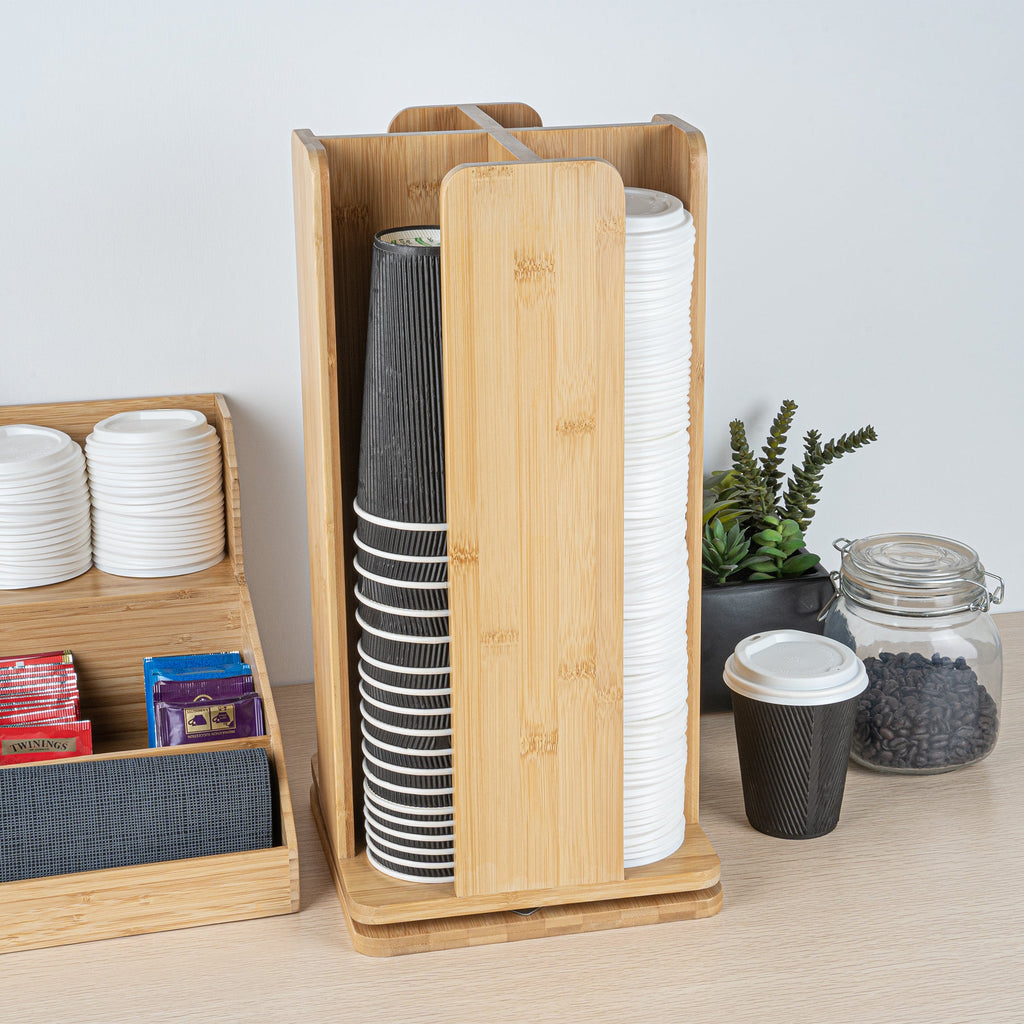 Restpresso Natural Bamboo Coffee Cup / Lid Organizer - 4 Section, Revolving - 9" x 9" x 18" - 1 count box