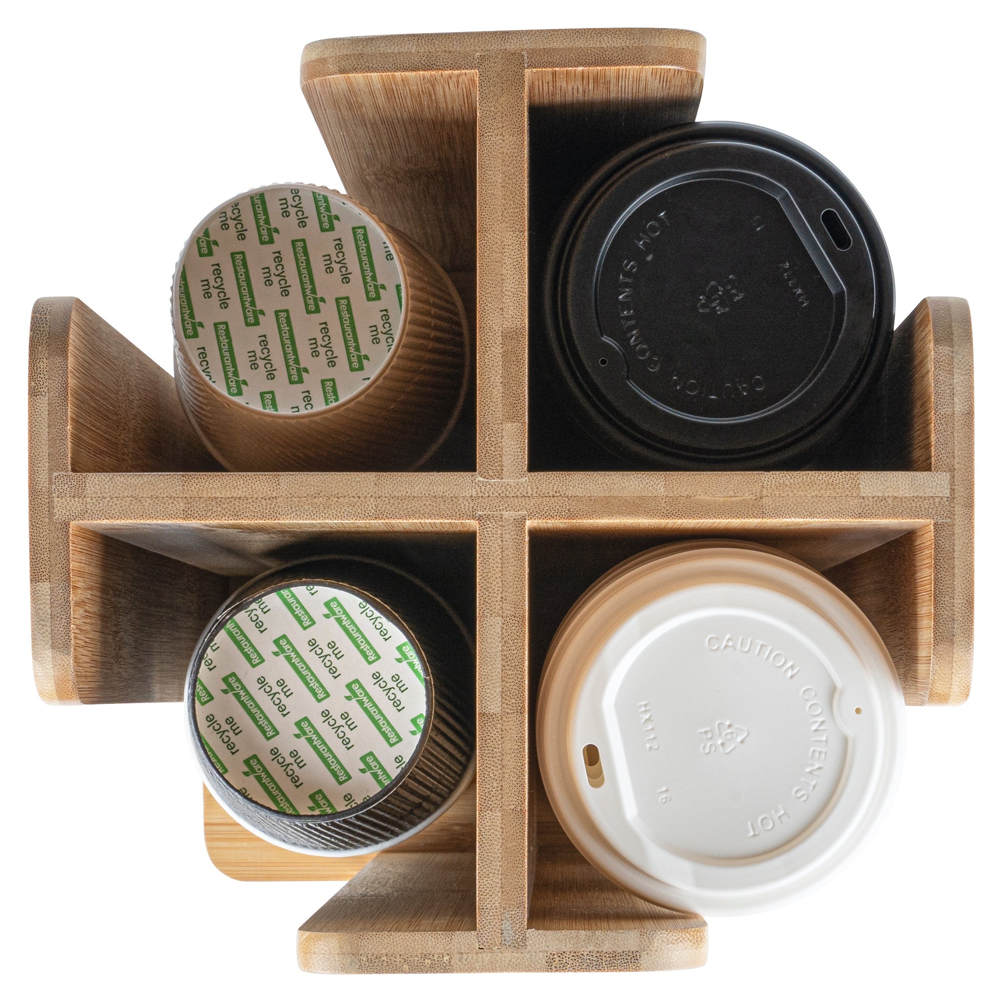 Restpresso Natural Bamboo Coffee Cup / Lid Organizer - 4 Section, Revolving - 9" x 9" x 18" - 1 count box